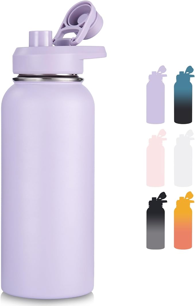 32 oz Insulated Water Bottle with Handle, 304 Stainless Steel Water Bottles with Wide Mouth, Double Wall Vacuum Sports Water Bottle, BPA Free, Keep Cold and Hot, Purple