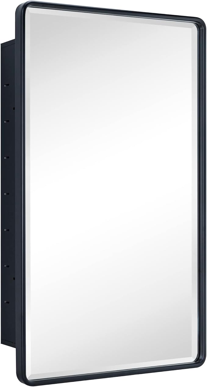 TEHOME Farmhouse Matt Black Recessed Bathroom Medicine Cabinet with Mirror Rounded Rectangle Metal Framed Medicine Cabinet with Beveled Mirror 20x30''
