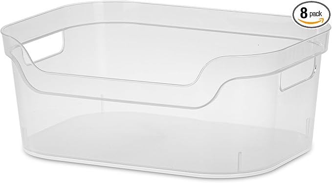Sterilite 5.25x9.5x13 In Medium Polished Open Scoop Front Storage Bin w/Comfortable Carry Through Handles for Household Organization, Clear (24 Pack)
