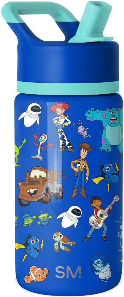 Simple Modern Kids Summit Water Bottle with Straw Lid | Disney Pixar 14oz Stainless Steel Cup Insulated Tumbler for Boys, School | Pixar Mashup on Blue