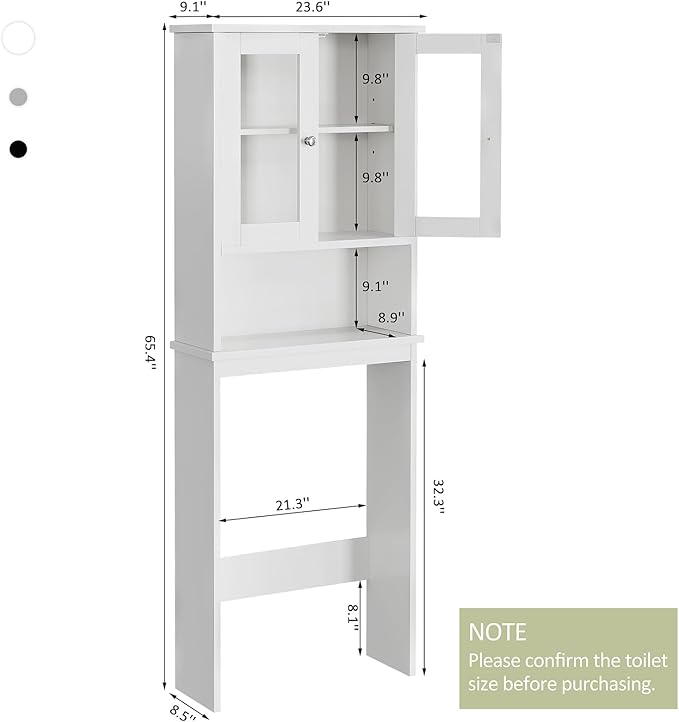 Meilocar Over The Toilet Storage Cabinet for Bathroom, White Storage Organizer Over Toilet, Space Saver with Tempered Glass Doors, White