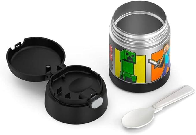 THERMOS FUNTAINER Insulated Food Jar – 10 Ounce – Kid Friendly Food Jar with Foldable Spoon, Minecraft