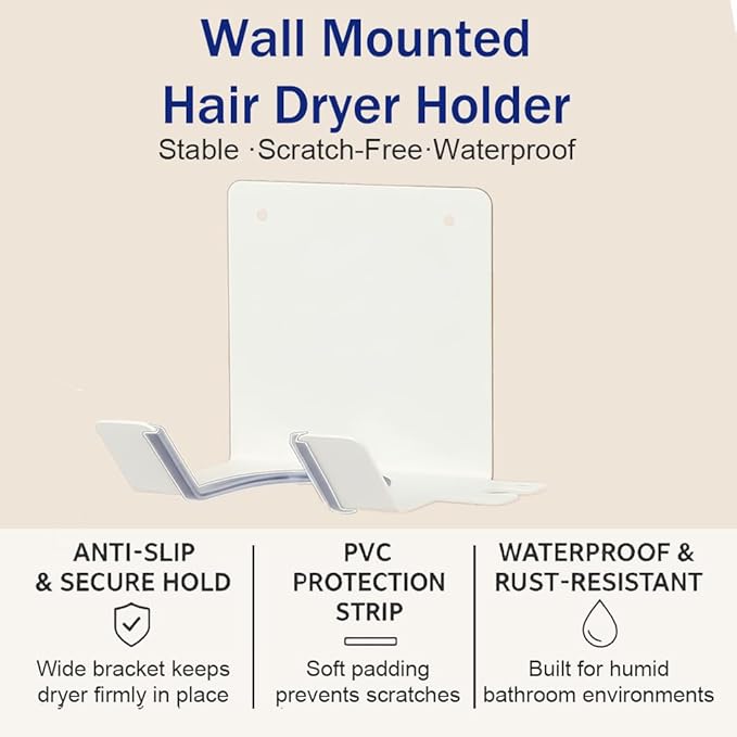 Hair Dryer Holder, Blow Dryer Holder Wall Mounted Hair Tool Organizer Self Adhesive Hair Dryer Holder Wall Mount, Compatible for HairDryer Holder for Bathroom White