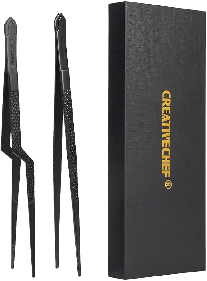 CREATIVECHEF 10" Chef Tweezer Tongs, Professional Kitchen Tweezers, 10 inch Straight Precision Tweezer Tongs for Cooking, BBQ, Plating, Stainless Steel, Black (1)