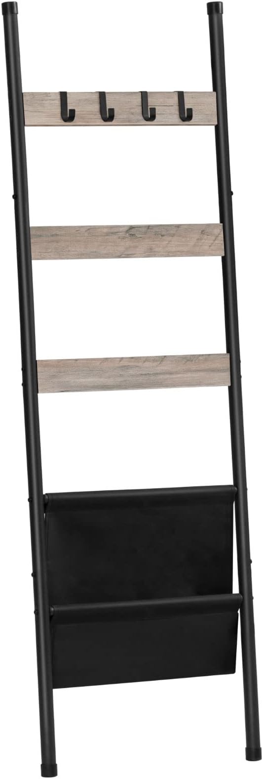 HOOBRO Blanket Ladder, 5 Tier Towel Rack, 17.3" L x 63" H, Wall-Leaning Blanket Rack for Living Room, Decorative Ladder with 4 Hooks and Magazine Pocket, Greige BG32CJ01