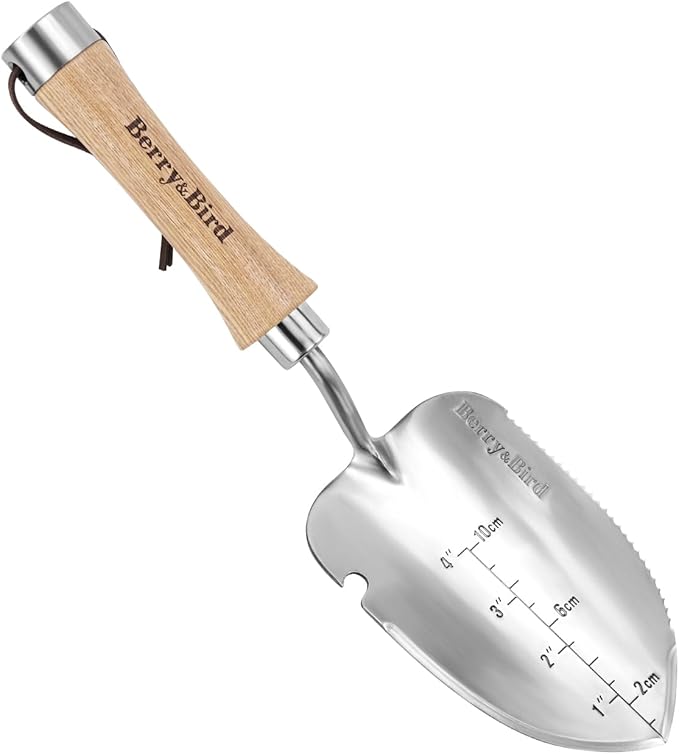 Berry&Bird Potting Trowel, Stainless Steel Serrated Hand Shovel, Wood Handle Garden Trowel Tool with Measuring Scale for Effortless Digging,Roots，Planting, Cutting and Transplanting