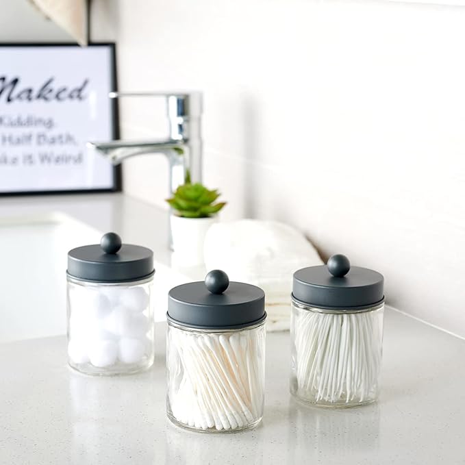 Amolliar Apothecary Jars Bathroom Storage Organizer - Cute Qtip Dispenser Holder Vanity Canister Jar Glass with Lid for Cotton Swabs,Rounds,Bath Salts,Makeup Sponges,Hair Accessories/Grey（2 Pack）