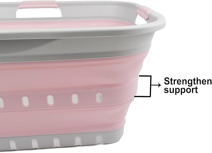 SAMMART 42L (11 gallon) Collapsible Plastic Laundry Basket - Foldable Pop Up Storage Container/Organizer - Portable Washing Tub - Space Saving Hamper/Basket (Grey/Pale Pink)