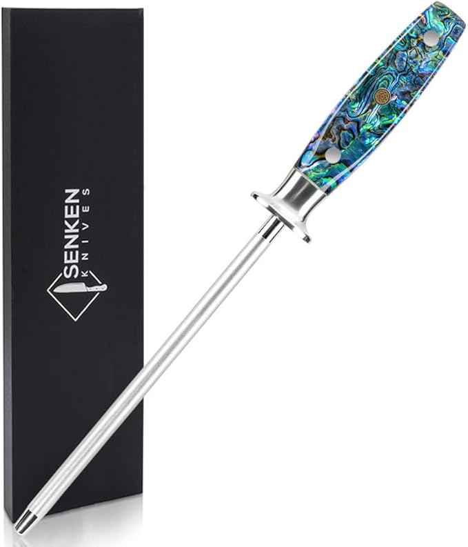 SENKEN Professional Emery Knife Sharpening Steel - Incredibly Strong Emery Rod for Sharpening & Honing Knives Up to 63 HRC Including All Damascus Knives (Smoothly Finished Wood)