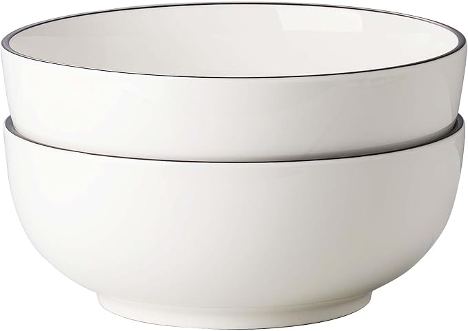 Dafuceramic Salad Bowls, 120 OZ(10") Large Serving Bowls Set of 2, Ceramic White Serving Bowls for Salad, Soup, Pasta and Dinner, Large Porcelain Bowl Set for Entertaining with Black on the Rim