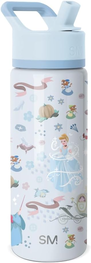 Simple Modern Kids Summit Water Bottle with Straw Lid | Disney Princess 18oz Stainless Steel Cup Insulated Tumbler for Girls, School | Cinderella Floral Wishes