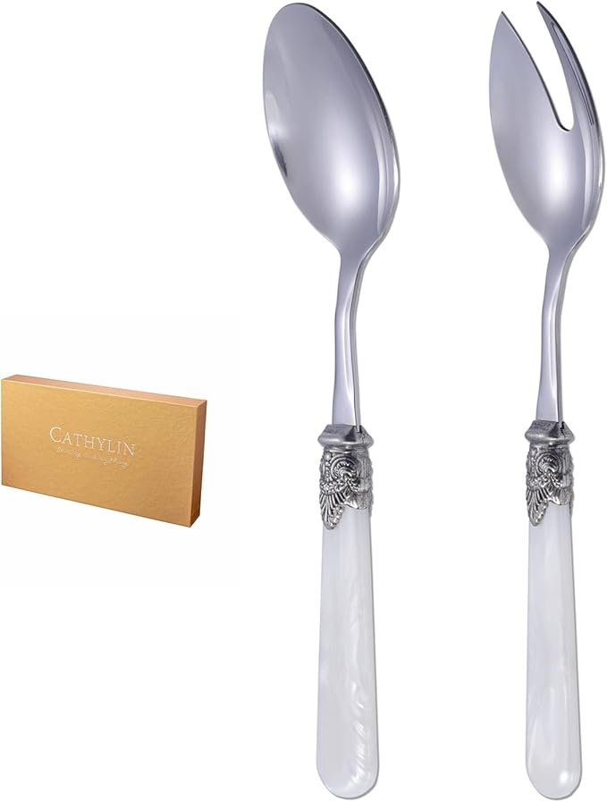 CATHYLIN 2-piece Salad Servers Stainless Steel Salad Serving Set Salad Fork and Spoon (White)
