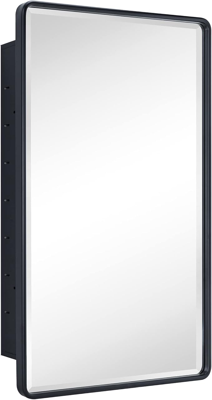 TEHOME Farmhouse Matt Black Recessed Bathroom Medicine Cabinet with Mirror Rounded Rectangle Metal Framed Medicine Cabinet with Beveled Mirror 21x34''