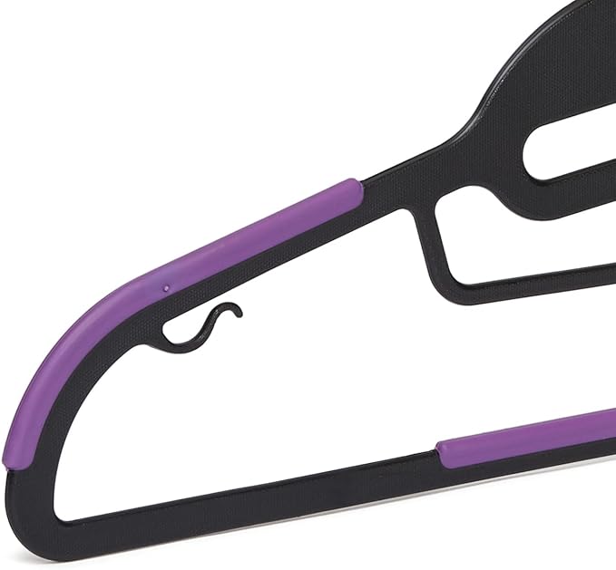 Amazon Basics Space Saving Non-Slip Rubber Coated Plastic Hangers with 360 Degree Swivel Hook, Black/Purple, Pack of 50