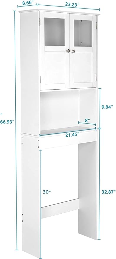 Bonnlo Over The Toilet Storage Cabinet with Adjustable Shelf White Bathroom Floor Organizer Space Saver with Double Doors, 67" Height