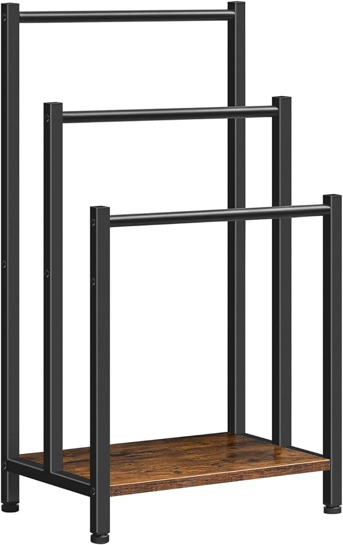 HOOBRO Free Standing Towel Rack, 3 Tier Blanket Rack, Blanket Holder for Bathroom, 16.9" L x 11" W x 31.9" H, Industrial Metal Drying and Display Rack with Shelf, Rustic Brown and Black BF03LB01