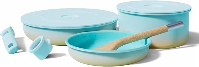 BytheTable Ombré Titanium Ceramic Cookware Set Non Toxic – 8 Pcs Non Stick Pots and Pans Set with Removable Handles, Magnetic Lid & Wooden Spatula for Cooking – Oven & Dishwasher Safe (Catalina Blue)