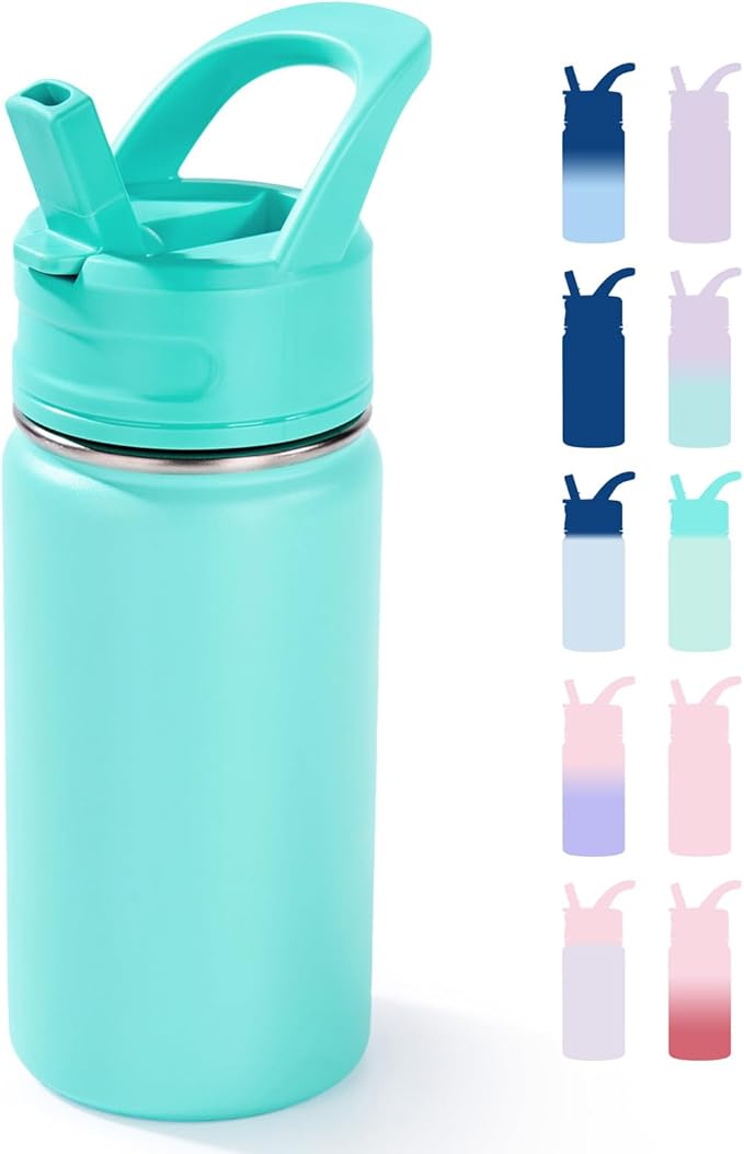 12oz Kids Water Bottle for School, Toddler Bottles with Straws, Stainless Steel Vacuum Insulated Water Bottle for Boys&Girls, Leak-Proof, BPA-Free, Green