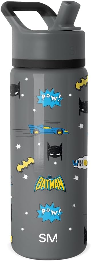 Simple Modern Kids Summit Water Bottle with Straw Lid | DC Comics Batman 18oz Stainless Steel Cup Insulated Tumbler for Boys, School | Batman POW!