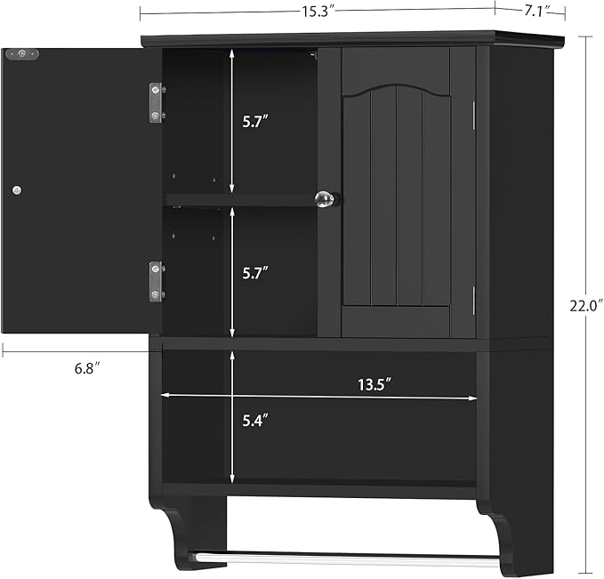 TEENFON Bathroom Wall Cabinet with Adjustable Shelves and Towel Rack, Wall Mounted Over The Toilet Storage Cabinet for Bathroom, Living Room, Black