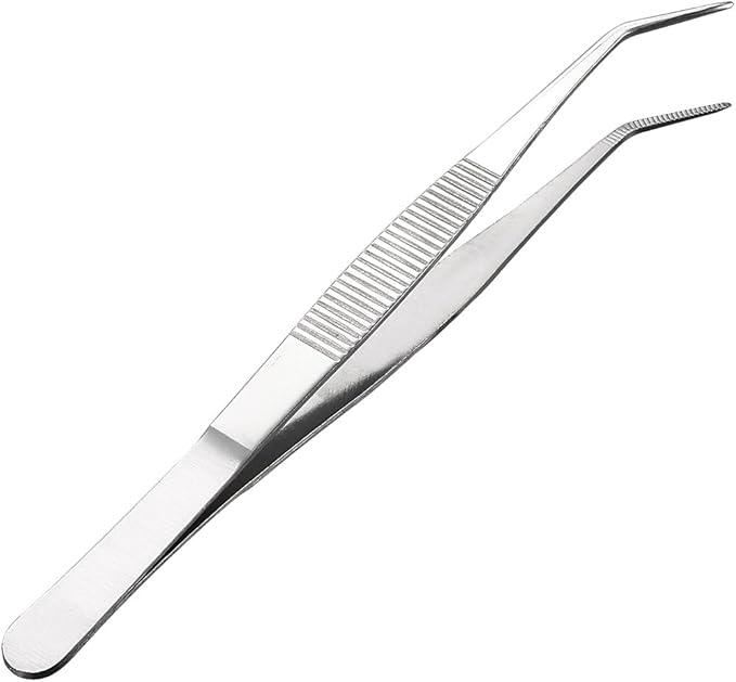 uxcell 5-Inch Stainless Steel Tweezers with Curved Pointed Serrated Tip