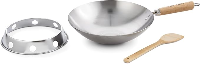 Helen's Asian Kitchen Carbon Steel Mini Wok, 8-Inch, Flat Bottom Chinese Stir Fry Pan With Rubberwood Handle For Single-Serve Stir Fry, Fried Rice, Noodles, And Asian Cooking