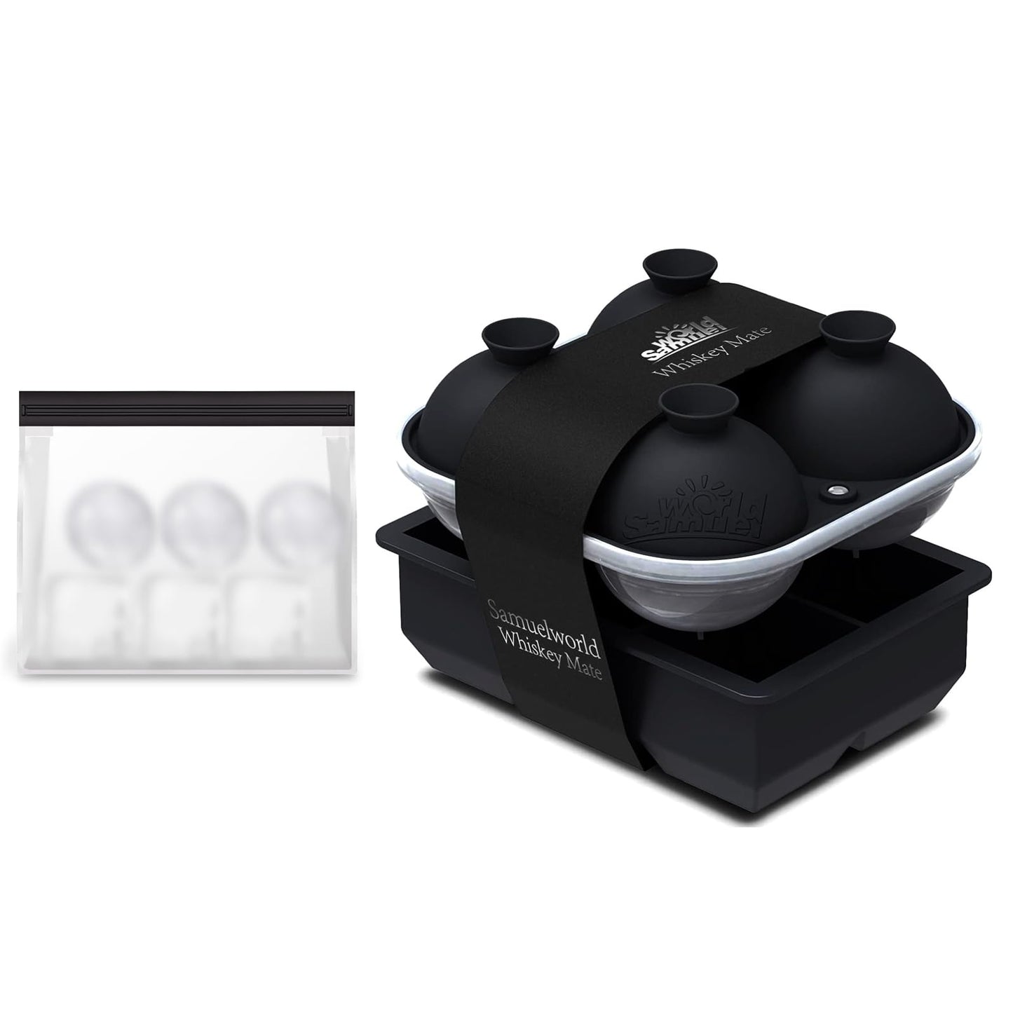 Samuelworld Premium Ice Tray Combo, Large Ice Sphere Maker & Giant Ice Cube Trays, 2 Packs, Food Grade, Easy To Use, Spill-Free Integrated Funnels, Whiskey Bourbon Cocktails (Black)