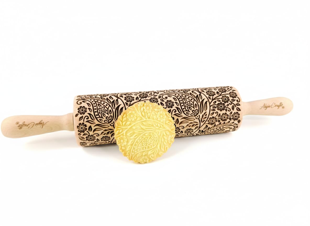 WILD POPPY Embossing Rolling Pin with Flowers Pattern. Dough and Clay Roller for Embossed Cookies and Pottery. Cookie and Ceramic Stamp. Backing Gifts for Women by Algis Crafts