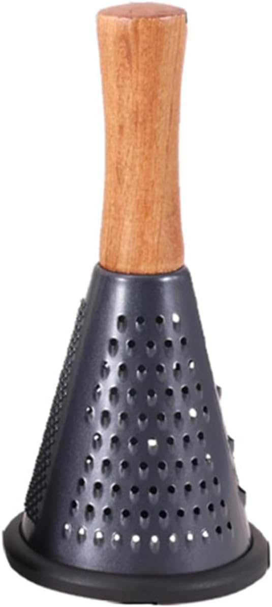 Cone Cheese Grater with Handle Stainless Steel Grater Triple Function Wood Handle Shredder Non-Slip Rubber Bottom Hand Held Multifunction Vegetables Grater Black 4-Size (Size M: 9.4" X 4.3" Black)