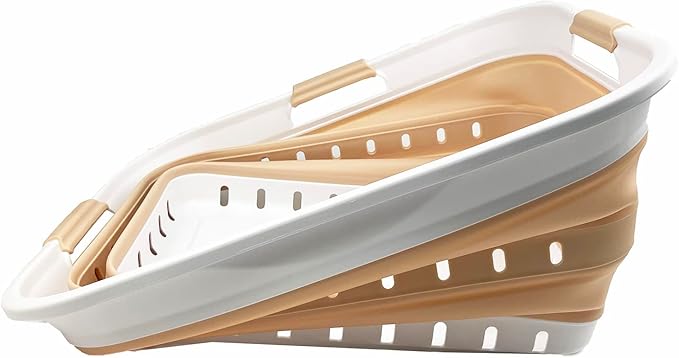 SAMMART 42L (11 gallon) Collapsible Plastic Laundry Basket - Foldable Pop Up Storage Container/Organizer - Portable Washing Tub - Space Saving Hamper/Basket (White/Latte)