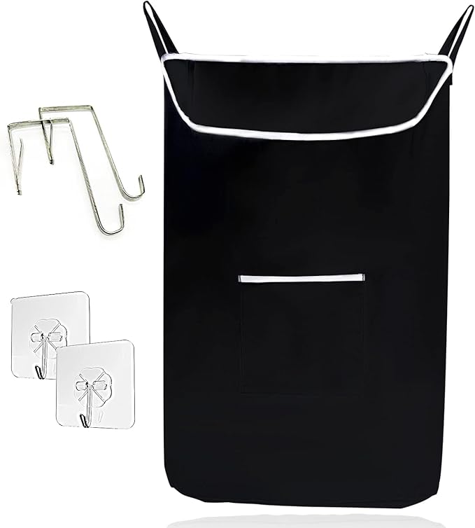 The Fine Living Co. Large Hanging Laundry Hamper with Over Door Hooks & Adhesive, Durable Space Saving Laundry Bag with Zipper and Wide Open Top, Hanging Dorm Laundry Hamper 18"x4.75"x28" (Black-L)
