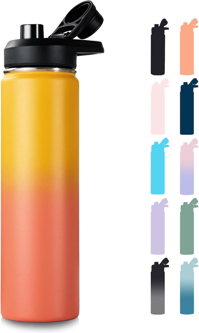 24 oz Insulated Water Bottle with Handle, 304 Stainless Steel Water Bottles with Wide Mouth, Double Wall Vacuum Sports Water Bottle, BPA Free, Keep Cold and Hot, Yellow&Orange