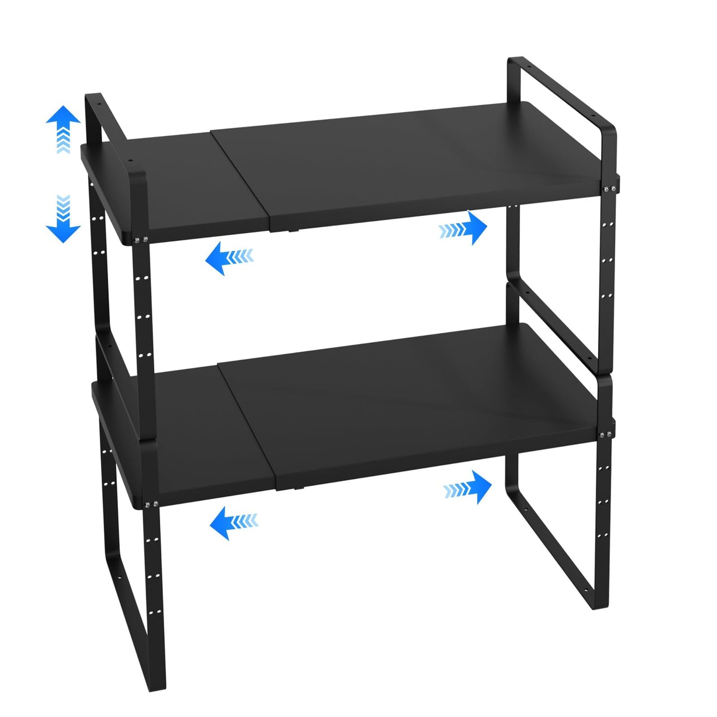 KIKIBRO Expandable Cabinet Shelf Organizer, Stackable Kitchen Pantry Counter Storage, Adjustable Closet Cupboard Stand Rack Risers Spice Organization 80LBS Heavy Duty Black Large 2 Pack