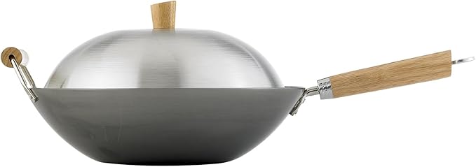 Helen's Asian Kitchen Carbon Steel Mini Wok, 8-Inch, Flat Bottom Chinese Stir Fry Pan With Rubberwood Handle For Single-Serve Stir Fry, Fried Rice, Noodles, And Asian Cooking