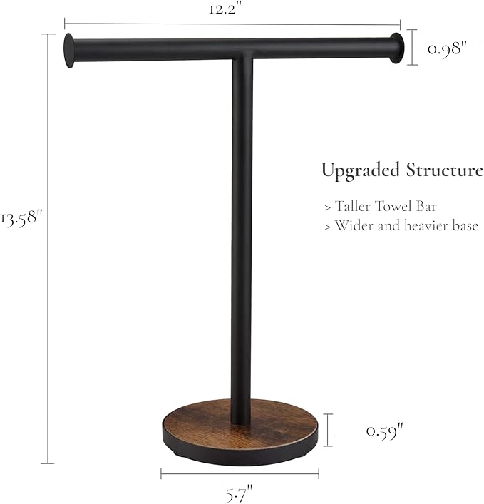 Towel Holder Stand, Countertop Hand Towel Stand for Bathroom and Kitchen, Free Standing Counter Towel Rack with Weighted Wood Base, Rustic Black and Brown