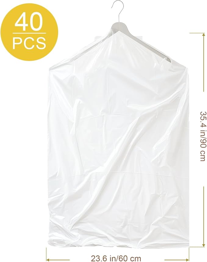 Gretchin 40 Pack Garment Bags - Set of 40, 60x90cm Plastic Dry Cleaning Bags for Hanging Clothes Storage