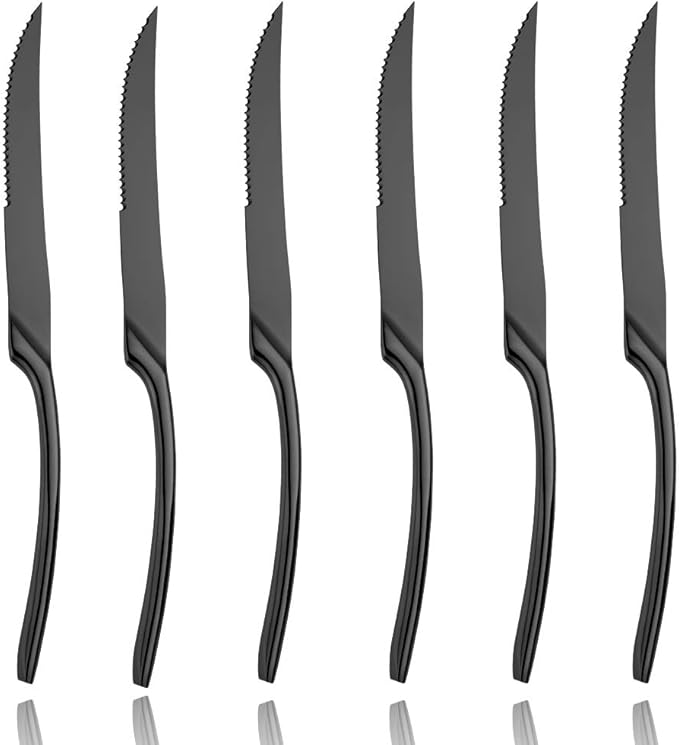 Lemeya Stainless Steel Steak Knives Set of 6,Forge Steak Knife,Serrated Steak Knives Set,6 Piece Heavy Steak Knives-10 inch,Mirror Polished,Dishwasher Safe (Black, 6 Pieces Set)