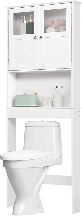 VINGLI Over The Toilet Storage Cabinet White Bathroom Storage Organizer Above The Toilet Shelf with Acrylic Glass Double Doors Wood Muebles para BañO Rack with Adjustable Shelf