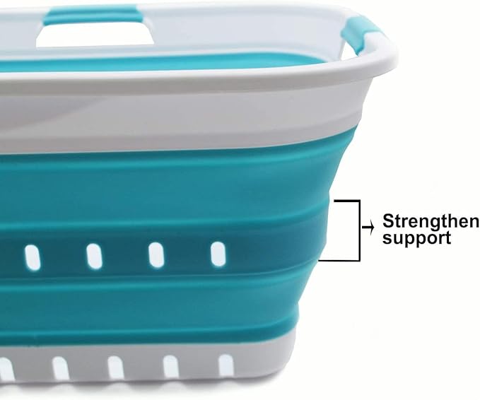 SAMMART 42L Collapsible Plastic Laundry Basket - Foldable Pop Up Storage Container/Organizer - Space Saving Hamper/Basket (1, White/Bright Blue)