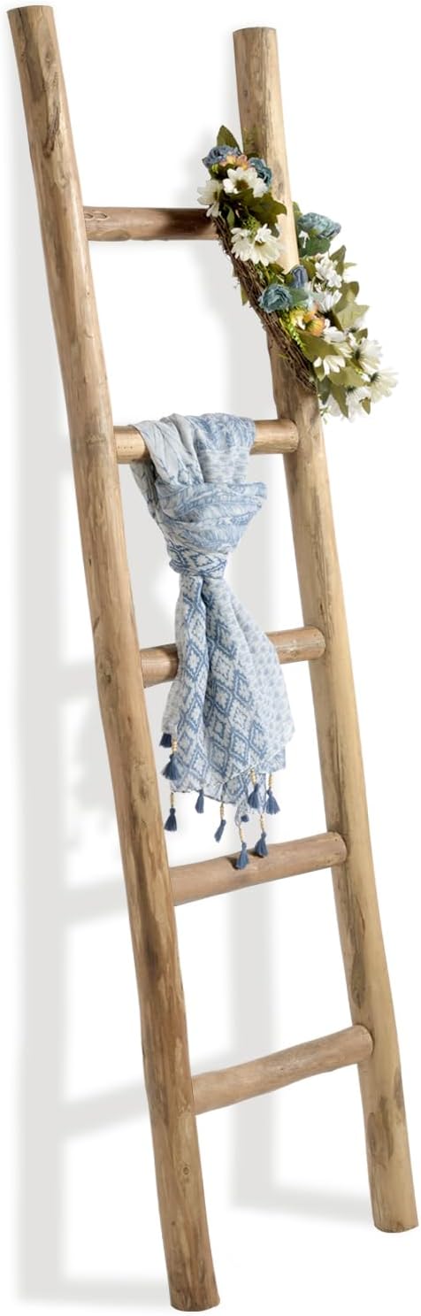 FUIN Fully Assembled 57in Wood Blanket Ladder Living Room Decorative Wall Leaning Farmhouse Quilt Display Holder Rustic Wooden Towel Rack for Bathroom, Brown