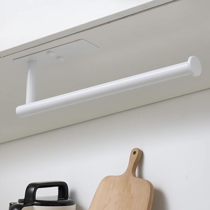 theaoo White Paper Towel Holder - Under Cabinet Paper Towel Holder for Kitchen, Adhesive Paper Towel Roll Rack for Bathroom Towel, Wall Mounted Matte Black Paper Towel Rack, SUS304 Stainless Steel