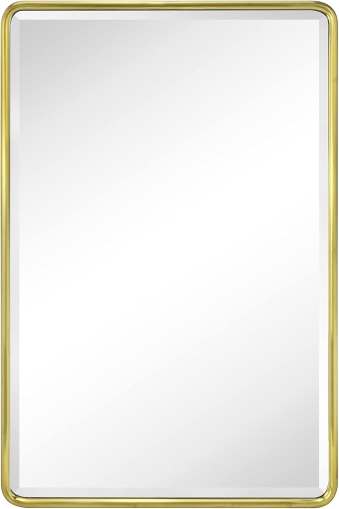 TEHOME Farmhouse Brushed Gold Metal Framed Recessed Bathroom Medicine Cabinet with Mirror Rounded Rectangle Medicine Cabinet with Beveled Mirror 16x24''