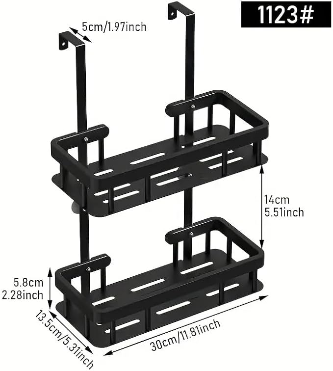 Over Door Shower Caddy, Black Rustproof Bathroom Organizer, 2-Tier Storage Rack, 11.81x5.31 Inch Shelves, No Drilling Required
