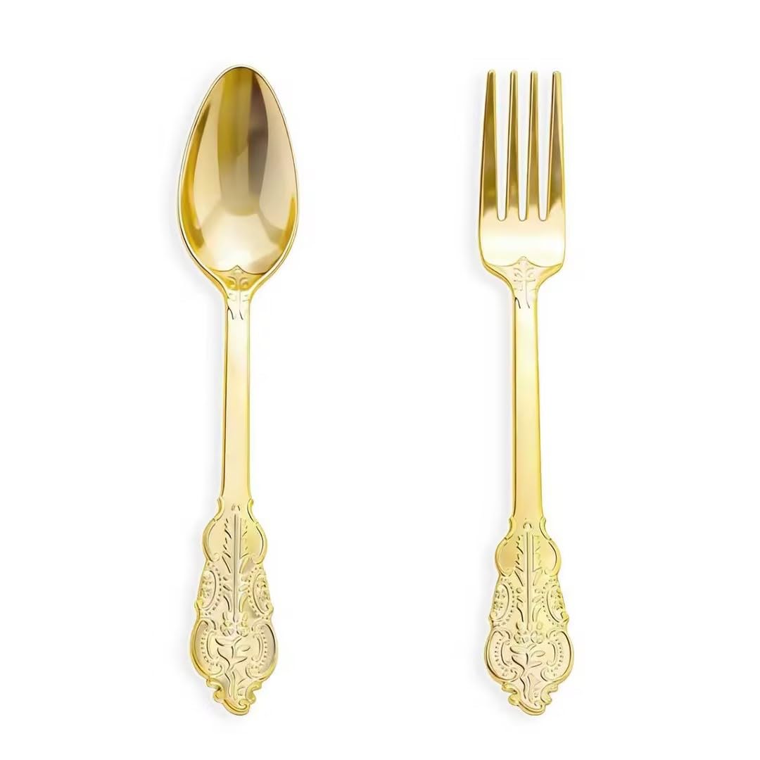 N9R 200PCS Gold Plastic Spoons and Forks, Heavy Duty Vintage Silverware