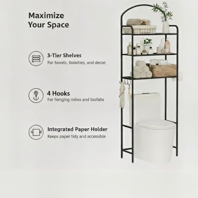 3-Tier Over The Toilet Storage, Bathroom Organizer, Space-Saving, Above Toilet Storage Rack with 4 Hooks and Paper Holder, Metal Shelf, Black
