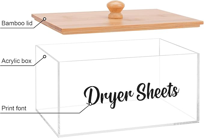 VOTLEVT Acrylic Dryer Sheet Holder with Bamboo Lid,Laundry Dryer Sheet Container and Dispenser for Laundry Room, Fabric Sheet Holder Laundry Organizer