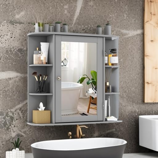 Tangkula Bathroom Wall Cabinet with Mirror, Modern Medicine Cabinet with Mirrored Door, 4 Internal Shelves & 6 Side Open Shelves, Wall Mounted Space-Saving Storage Organizer