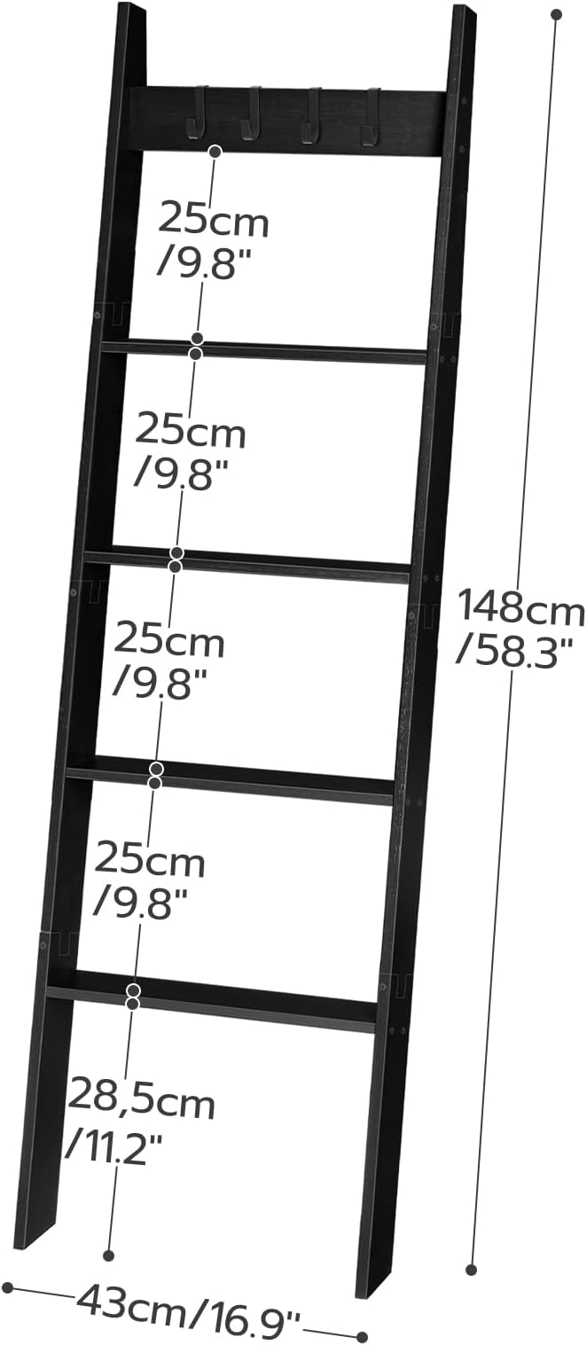 HOOBRO Blanket Ladder for Living Room and Bedroom, 5-Tier Wall Leaning Towel Rack for Bathroom, Decorative Ladder Shelf with 4 Removable Hooks, Farmhouse Blanket Storage, Black BB51CJ01G1