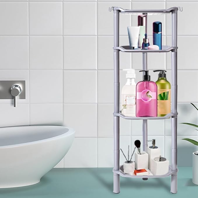 4 Tier Shower Caddy Corner,Plastic Shower Shelf Organizer for Inside Bathroom, Bathtub, Shower Pan, 13.5 x 10 x 33.5 Inches,Grey(Round Slot Grey 4 Tier)