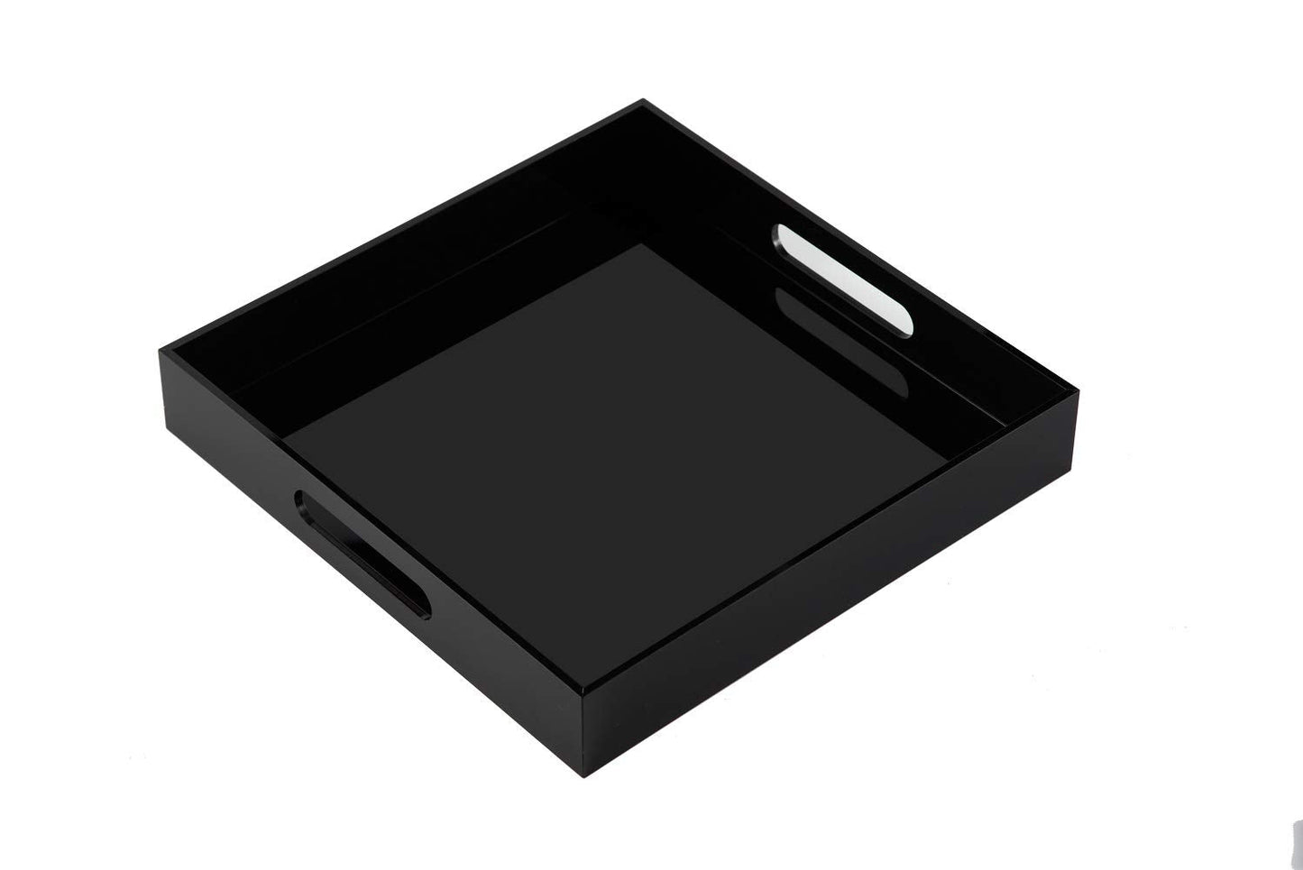 KEVLANG Glossy Black Sturdy Acrylic Serving Tray with Handles-10x10Inch-Serving Coffee,Food,Breakfast,Butler-Kitchen Countertop Tray-Makeup Drawer Organizer-Vanity Table,Ottoman Tray-Decorative Tray